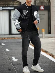 Manfinity Roughcore Men's Text Print Color-Blocked Oversized Baseball Padded Coat - Black - View 5