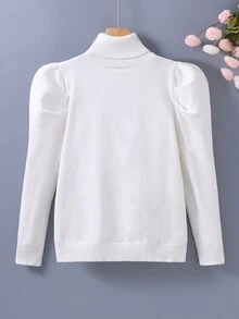 青少年女孩高領羊腿袖套頭毛衣 - 白色 - 查看 2