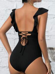 SHEIN Swim Ruffle Trim One Piece Swimsuit - Black - View 2