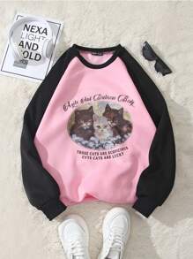 SHEIN Unity Áo nỉ tay raglan họa tiết mèo và chữ thường ngày màu tương phản dành cho nữ, mùa thu - Hồng - Xem 1