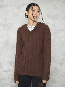 1pc Teen Girl Cable Knit Drop Shoulder Hooded Cardigan - Brown - View 4
