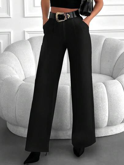 Solid Slant Pocket Suit Pants Without Belt