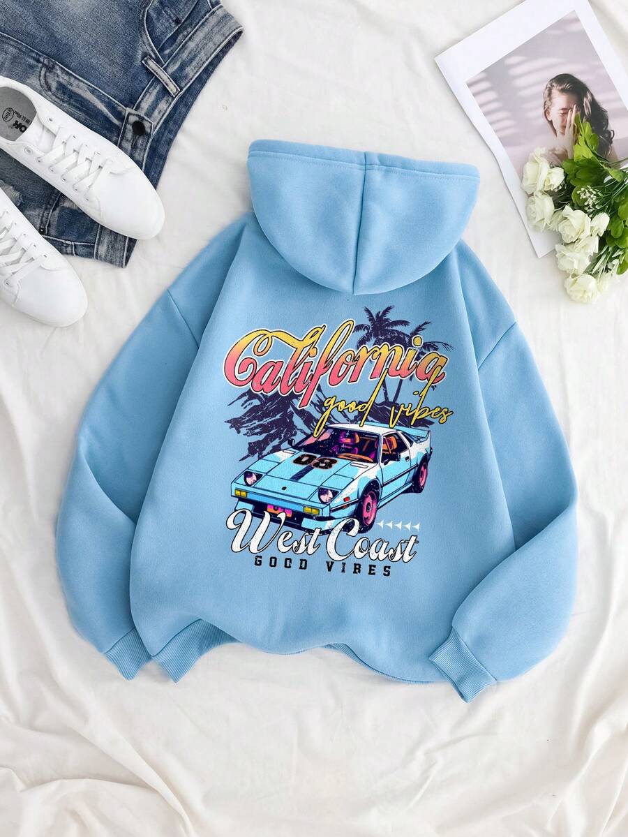 SHEIN EZwear Car & Letter Graphic Drawstring Thermal Lined Hoodie - Blue - View 1
