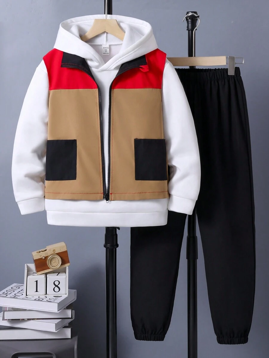 SHEIN Tween Boy Colorblock Vest Jacket & Thermal Lined Hoodie & Sweatpants - Multicolor - View 1