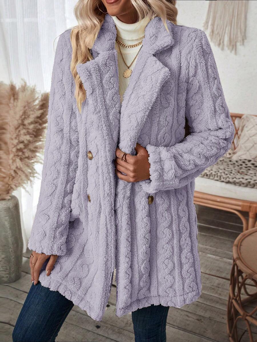 SHEIN LUNE 雙排釦西裝領法蘭絨外套 - 紫色 - 查看 1