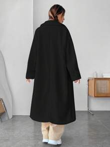 SHEIN EZwear Lapel Neck Drop Shoulder Open Front Teddy Coat - Black - View 2