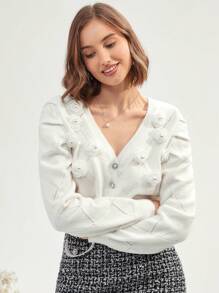Enchnt 3d Rose Button Front Crop Cardigan - White - View 1