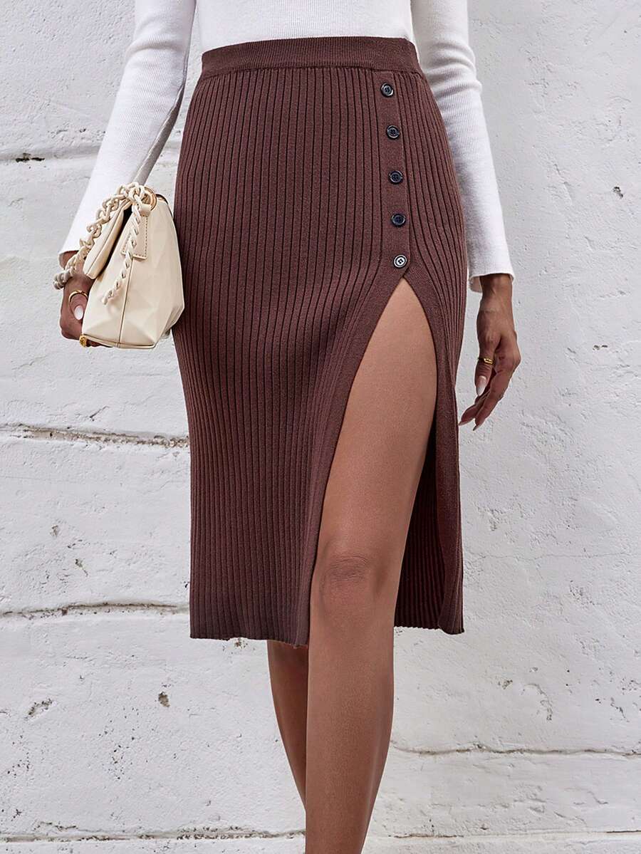 SHEIN Unity Nút phía trước Tách đùi Đồ đan Ribbed Váy - Cà phê nâu - Xem 1