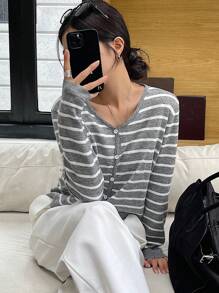 DAZY 條紋圖案前排扣開襟衫 - 灰色 - 查看 6