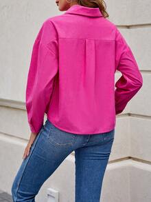 Drop Shoulder Pocket Patched Shirt - Hot Pink - View 2