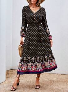 SHEIN VCAY Vestido con estampado de manga farol bajo con fruncido - Multicolor - Ver 4