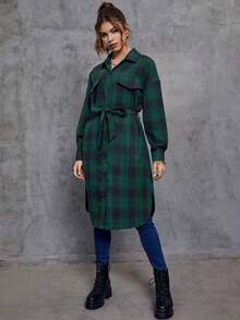 SHEIN EZwear Plaid Print Drop Shoulder Flap Detail Button Front Shirt - Green - View 5