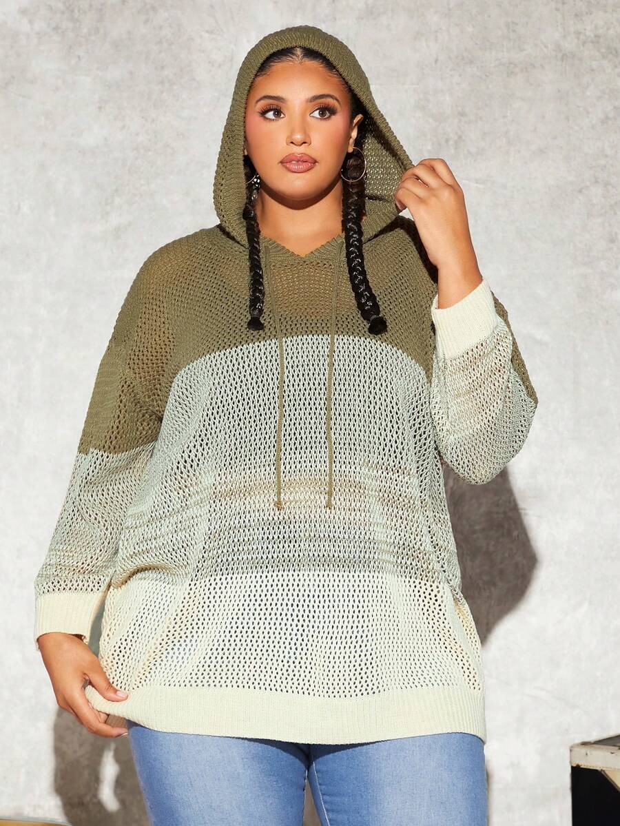 SHEIN CURVE+ 大碼撞色落肩袖抽繩連帽網眼針織套頭毛衣 - 彩色 - 查看 1