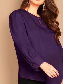 SHEIN Clasi Plus Solid Buttoned Cuff Curved Hem Blouse - Purple - View 4