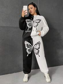 SHEIN EZwear 大碼雙色蝴蝶圖案落肩袖連帽衫和運動褲 - 黑與白 - 查看 1