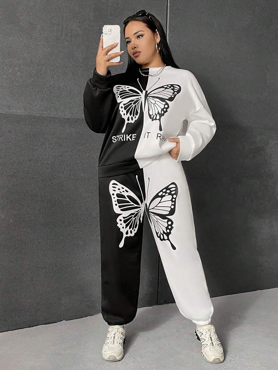 SHEIN EZwear 大碼雙色蝴蝶圖案落肩袖連帽衫和運動褲 - 黑與白 - 查看 1