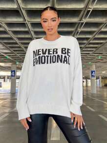 SHEIN SXY Ladies' Sweater With Slogan Print Round Neck And Drop Shoulder Party - White - View 3