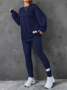SHEIN EZwear Slogan Patched Drop Shoulder Sweatshirt & Leggings - Navy Blue - View 4