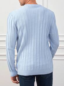 RueChic Men Solid Ribbed Knit Sweater - Blue - View 2