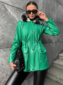 EURMUSE Women's Pu Jacket With Collar And Waist Drawstring Design - Green - View 1