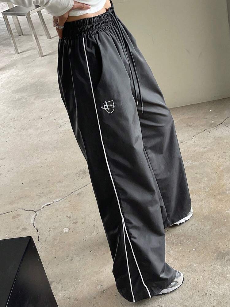 Contrast Piping Drawstring Waist Wide Leg Pants