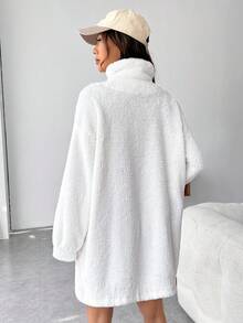 SHEIN EZwear Turtleneck Drop Shoulder Teddy Dress - White - View 2