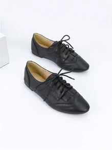 Women's Lace-up Flat Shoes - Black - View 4