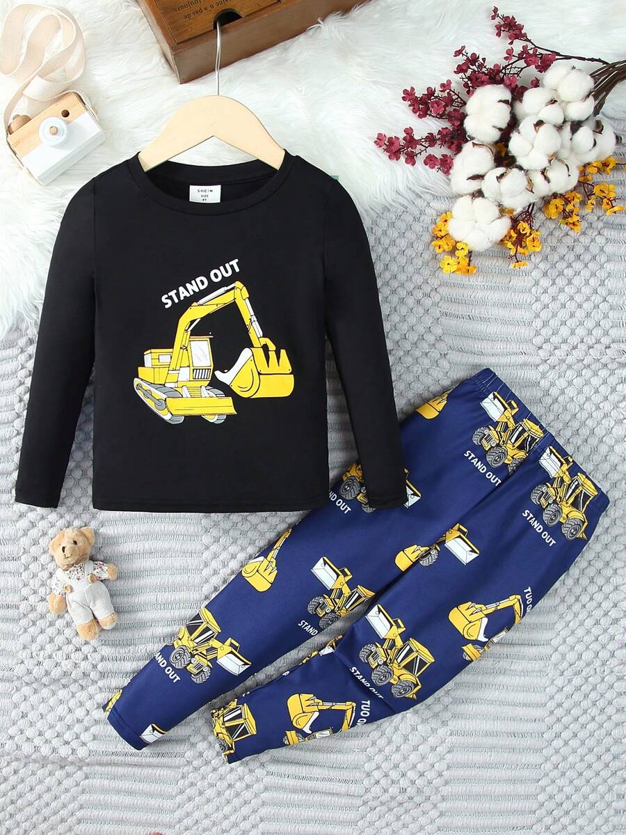 SHEIN Chàng trai trẻ Đồ họa Hoạt hình Vừa Khít Bộ PJ - Nhiều màu - Xem 1