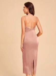 SHEIN Belle Draped Collar Split Back Satin Cami Dress Elegant Cocktail Semi Formal Prom Wedding Guest Dress, For Birthday, Graduation, Dinner, Homecoming Party Dress