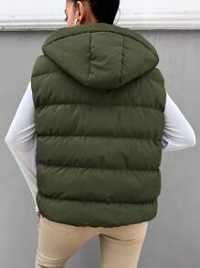 SHEIN Cottnline Zip Up Drawstring Hooded Puffer Vest Coat - Green - View 2