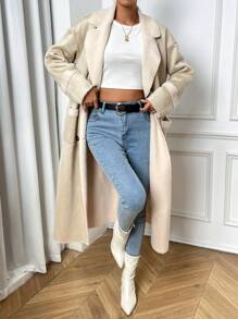 SHEIN Unity Cổ áo Đôi ngực Túi Kép Thả vai áo - Rượu sâm banh - Xem 3