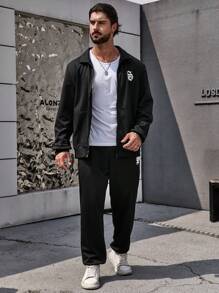 Manfinity Homme Men Plus Letter Graphic Zip Up Jacket & Sweatpants - Black - View 3
