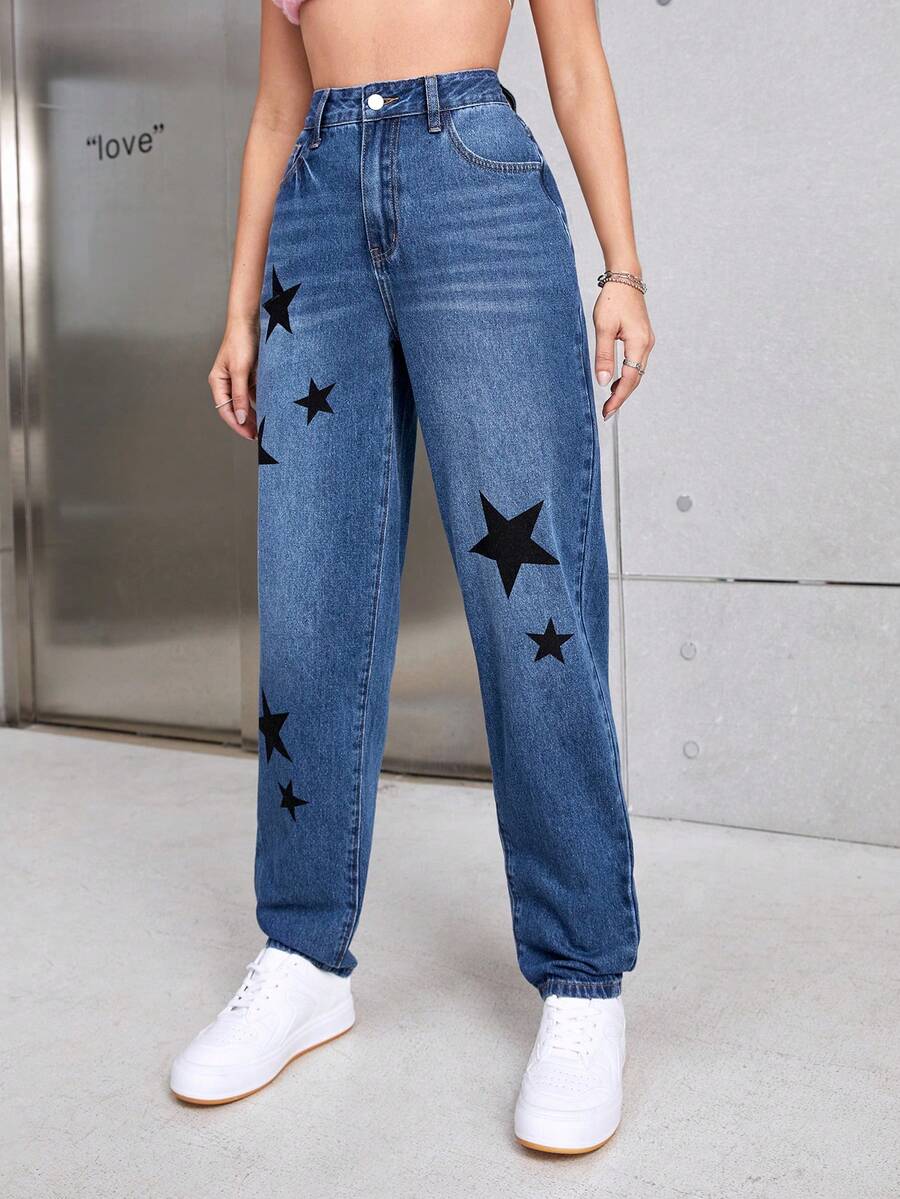 Star Print Carrot Jeans - Blue - View 1