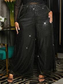 SHEIN CURVE+ Plus Sequin Wide Leg Pants - Black - View 1