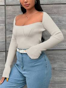 RueChic Plus Sweetheart Neck Ribbed Knit Sweater - Beige - View 4