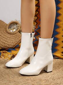 Botas de tobillo y botas cortas de mujer de cuero blanco ligero, cómodo y suave con cremallera lateral, de moda para otoño/invierno - Blanco - Ver 3