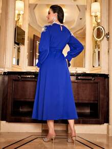 Modelyn Beaded Detail Mock Neck Belted Dress - Blue - View 2