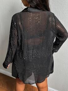 Slaydiva SLAYR PLUS - Sexy Party - Elastic Knit Loose Fit Black Sequin Sheer Plus Size Blouse - Black - View 2