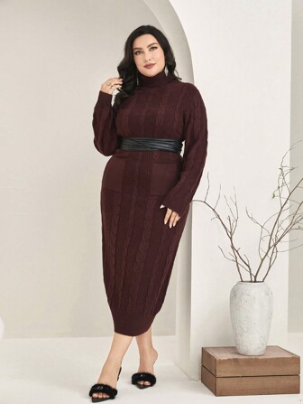 Mulvari Burgundy Red Plus Turtleneck Cable Knit Sweater Dress Without Belt