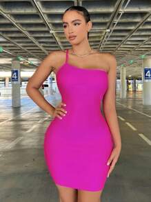 SHEIN SXY 女士性感單肩粉色洋裝,生日服裝,春季女裝,舞會裙,情人節禮服,約會晚裝,單身派對性感裝,俱樂部派對服裝 - 玫紅色 - 查看 5