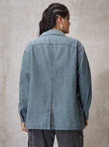 ROMWE PUNK Hơn Thùa khuyết Lace lên phía trước Áo khoác denim - Màu xanh lam - Xem 2