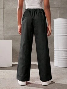 SHEIN Tween Girl Slogan Graphic Wide Leg Pants - Black - View 2