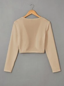 SHEIN EZwear Solid Open Front Crop Jacket In Fall/Winter - Apricot - View 3