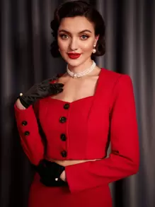 Vintamour 2pcs/Set Vintage Elegant Ladies Sweetheart Neck Long Sleeve Single-Breasted Blouse And Midi Skirt Set, Christmas - Red - View 5