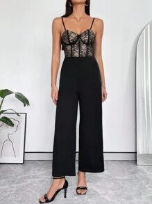 SHEIN Privé 蕾絲拼接吊帶連體褲 - 黑色 - 查看 3