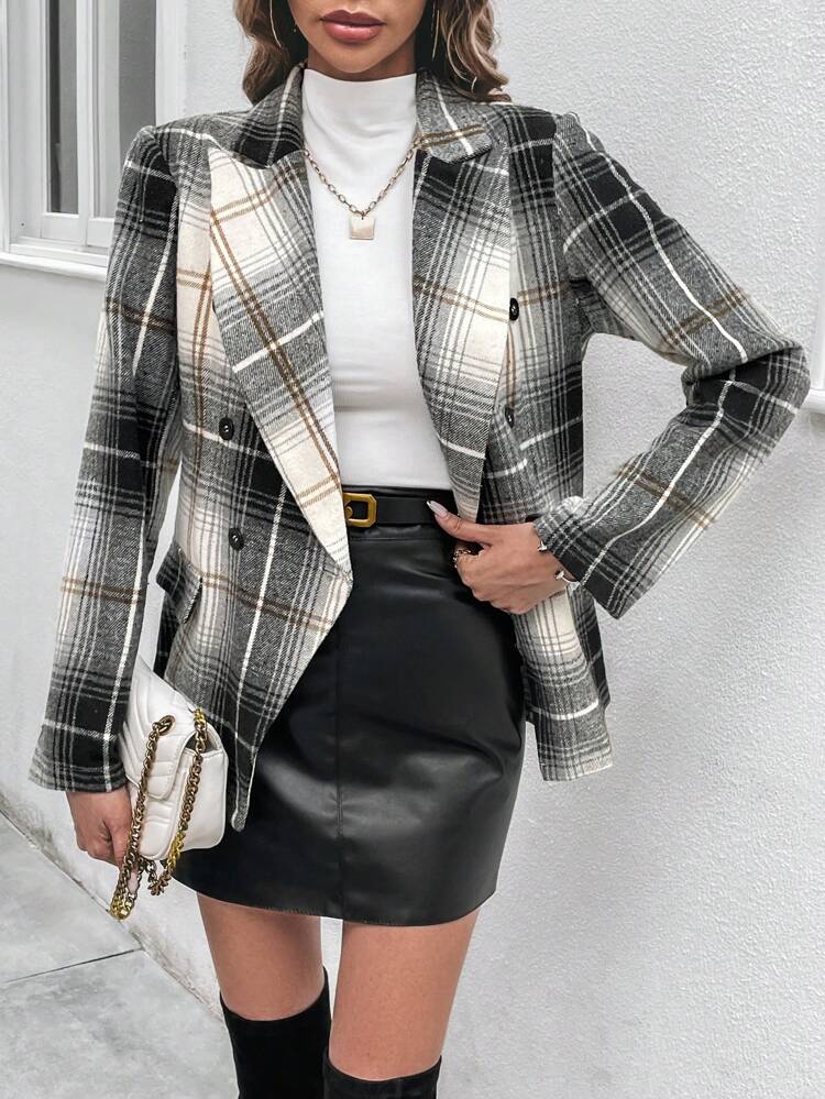 Plaid Double Breasted Blazer Fall Cloth For Women