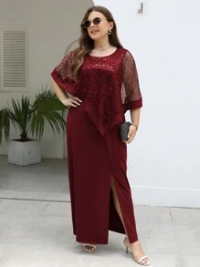 Nemidor Plus Contrast Mesh Split Thigh Dress - Burgundy - View 1