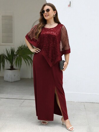 Nemidor Plus Contrast Mesh Split Thigh Dress