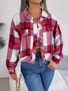 格紋印花落肩袖花呢外套 - 紅色 - 查看 3