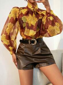 SHEIN Clasi In hoa Cà vạt Tay áo lồng đèn Đàn organza Áo sơ mi - Nhiều màu - Xem 1